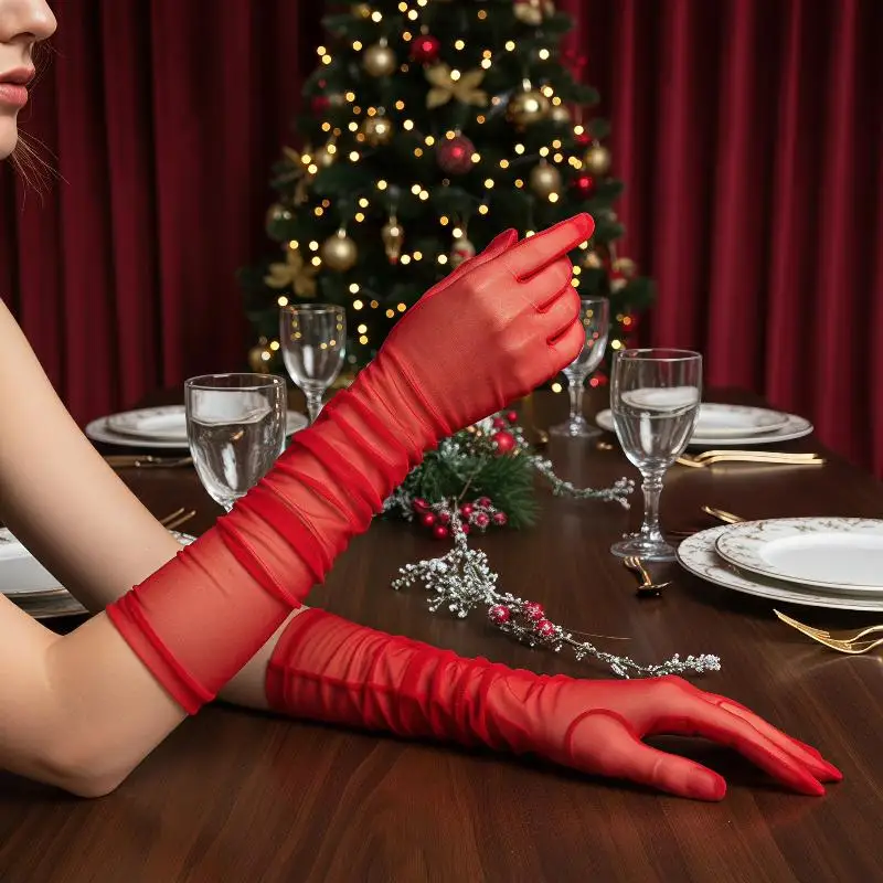 Long Sexy Gloves 55CM Thin Hollow Transparent Solid Net Yarn Mesh for Wedding Bridesmaid Prom Banquet Formal Occasion