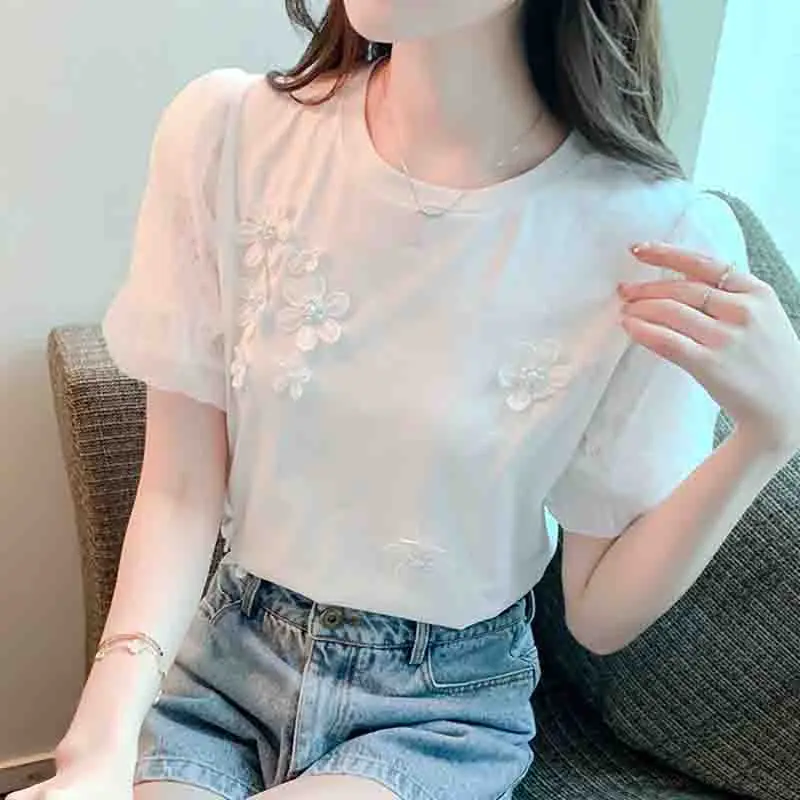 New Sweet Woman Tops Cotton Short Sleeve Women\'s T-shirts Floral Women Clothes Casual Summer White Bottoming Women Tshirts 8542