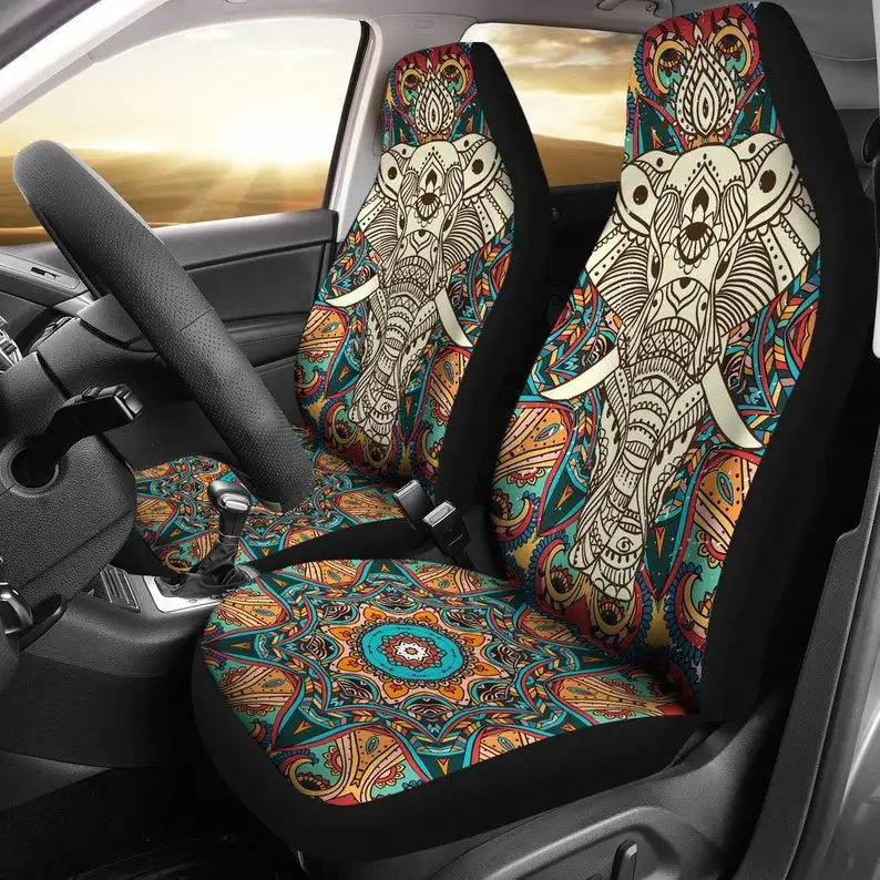 Boho Mandala Elephant Car Seat Cover | Universal Fit Seat Protectors For SUV and Car Bucket Seats