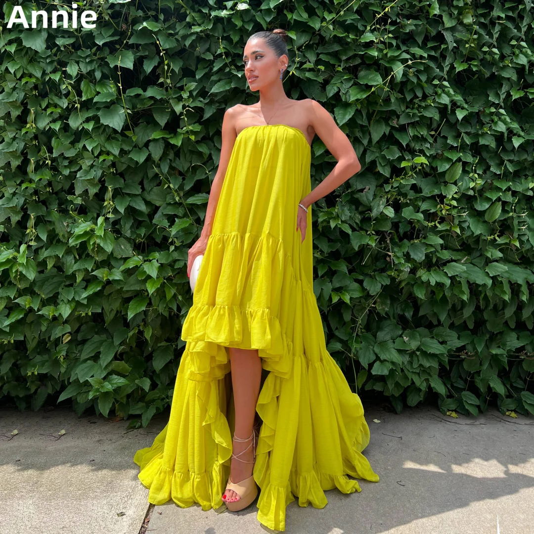 

Annie High Low Yellow Prom Dresses Sexy Strapless Evening Dresses Formal Occasions Ruffled A-shaped Elegant Wedding Party Dress