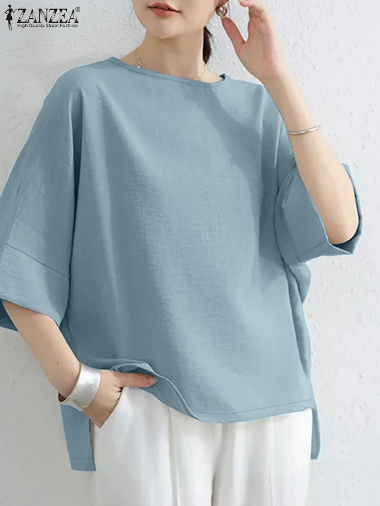 2025 Camicette da donna ZANZEA Casual O Collo Baggy Camicie da ufficio Autunno Manica 3/4 Blusas Estate Top Elegante Solid Chemise Oversize