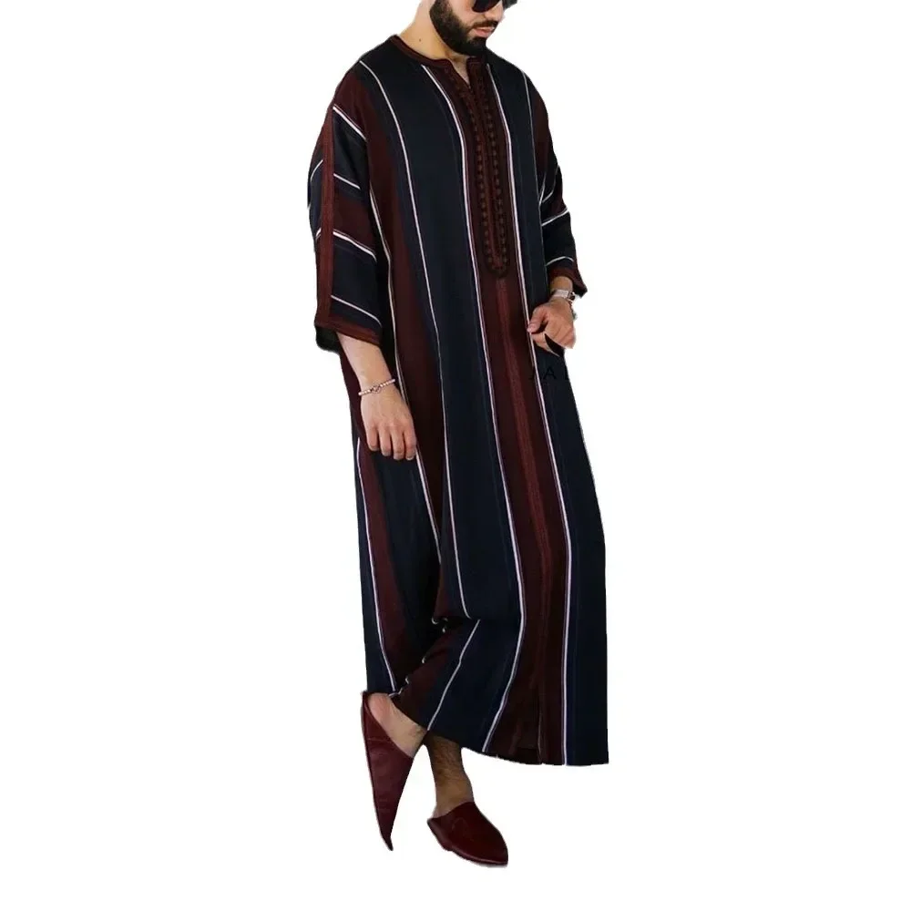 Abaya Men Muslim Robes, Dubai, Middle Eastern Muslim United Arab Emirates, Saudi Arabia Striped Casual Ethnic Style Muslim Robes