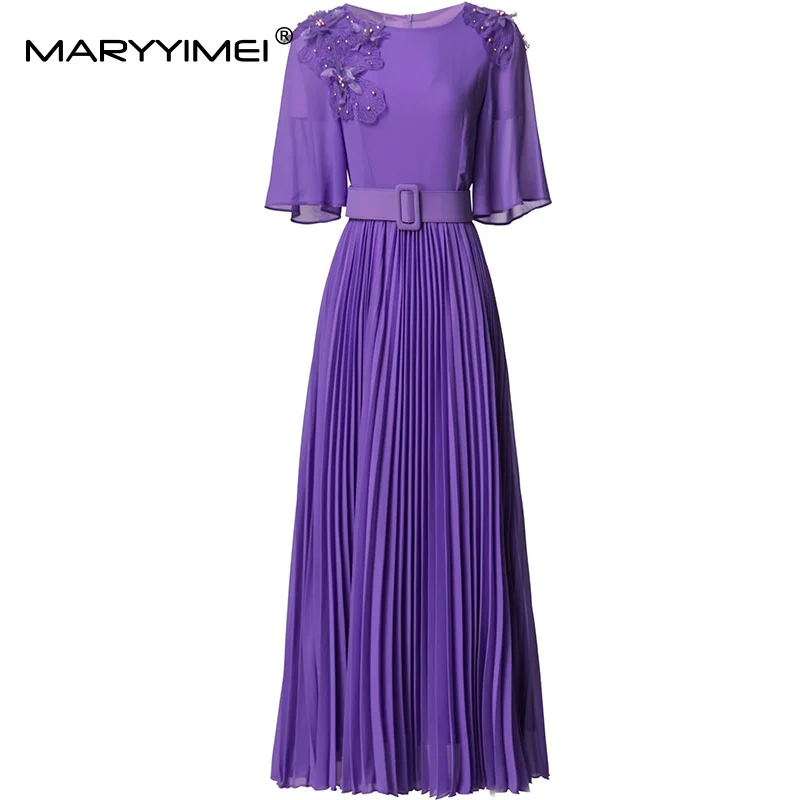 

MARYYIMEI Women's Elegant Party Prom Dress Appliques Beading Half-Sleeved Pleated Splicing Lace-Up Vacation Style Dresses