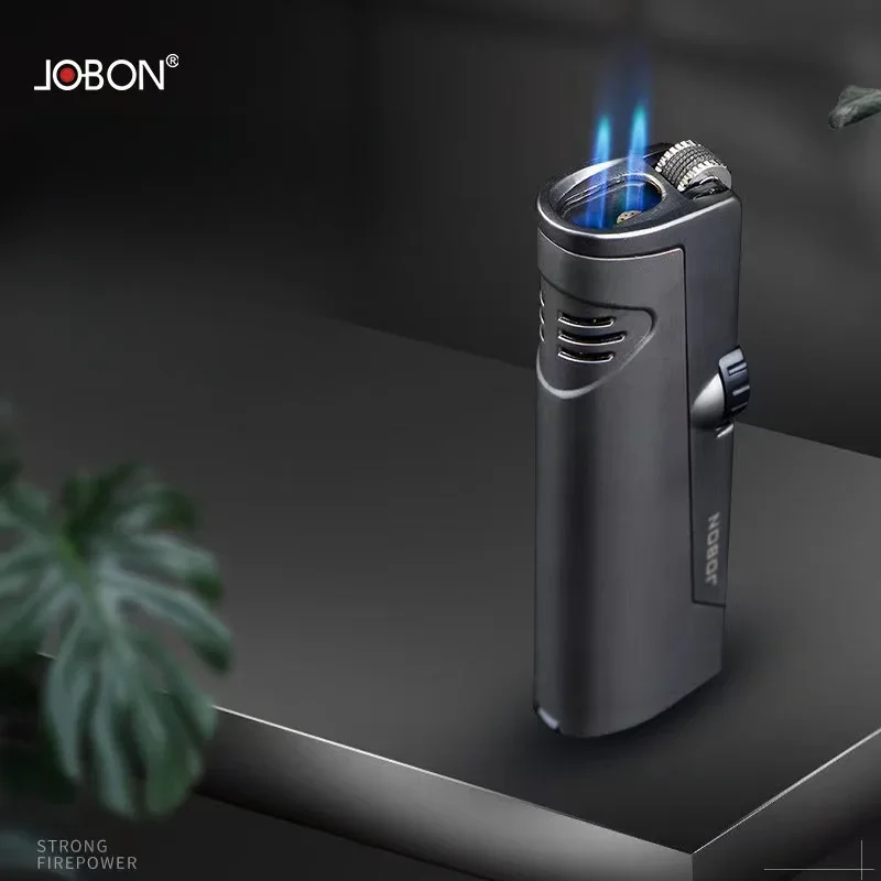 2024 JOBON Metal Butane Gas Lighter Outdoor Windproof Grinding Wheel Ignition Blue Flame 2 Torch High Pressure Jet Cigar Lighter