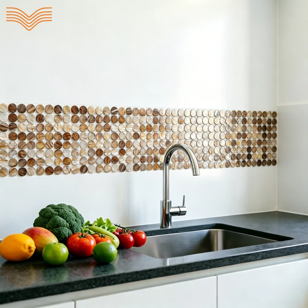 Self Adhesive Coffee Tone Round Natural Shell Mosaic Tile Iridescent Wall Sticker for Bathroom Living Room Balcony Background