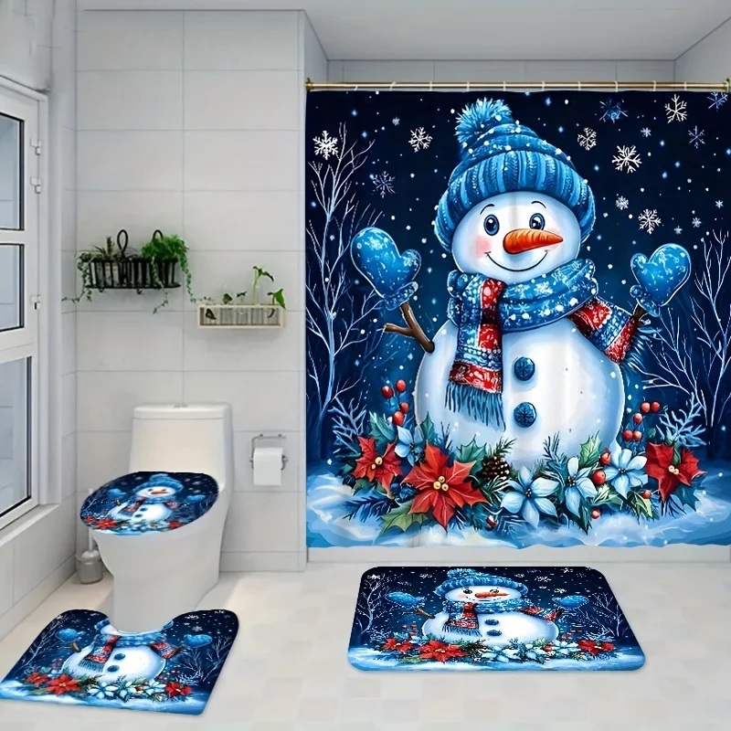 4Pcs Xmas Theme Blue Snowman Bath Set, Matching Mat Set, Includes Hooks, Woven Fabric with Space Pattern, Cute Snowflake Design
