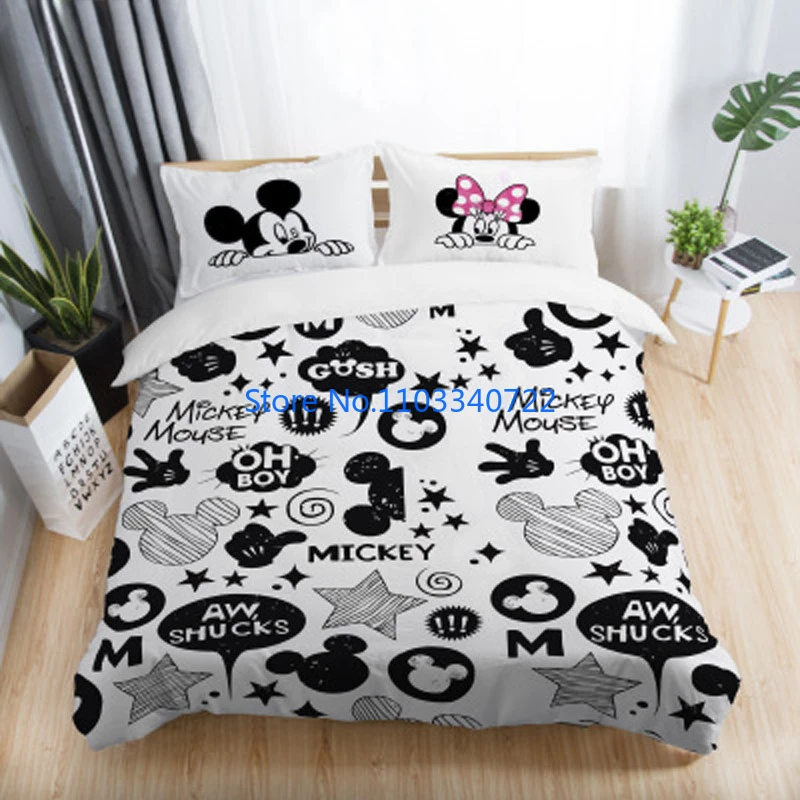 Imagem -06 - Conjunto de Cama Anime para Crianças e Adultos Minnie Mickey Mouse Fronha Preto e Branco Colcha Capa de Edredão de Casamento para Casal