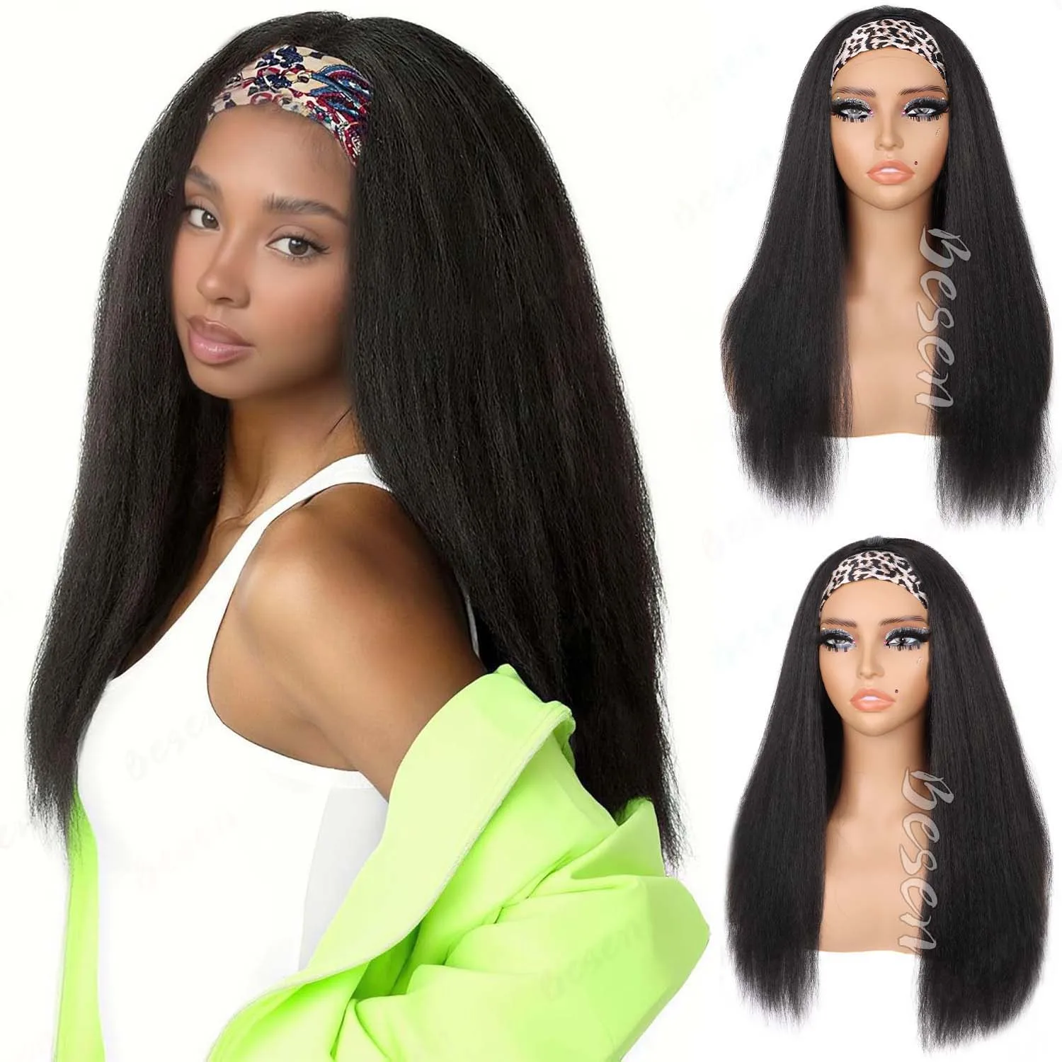 

Synthetic Kinky Curly Wig Afro Headband Wig Black Yaki Straight Headband Wigs Long Straight Wigs for Black Women Daily Party