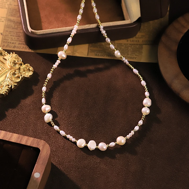 

GLSEEVO Natural Freshwater White Pearl Necklace for Women Bridal Wedding Dating Gold Tone Beaded Pearl Choker Minimalist Jewelry