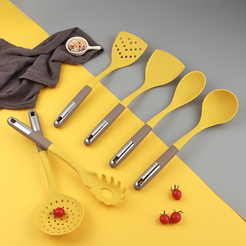 

7-piece yellow silicone spatula for kitchen, cooking kit with kitchen rack, soup spoon, colander tool