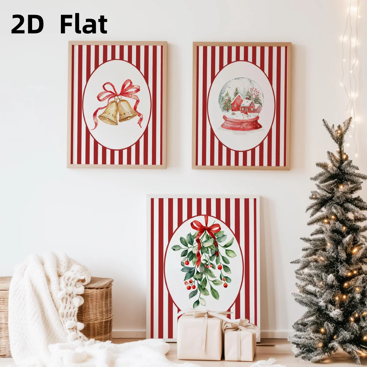 3pcs/set Whimsical Christmas Striped Canvas Print Poster Snow Globe Bell Cozy Xmas Winter Art Prints Bedroom Holiday Home Decor