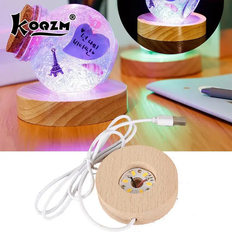 6CM Wooden LED Light Display Base Crystal Glass Resin Art Ornament Wooden Night Lamp Base LED Light Rotating Display Stand