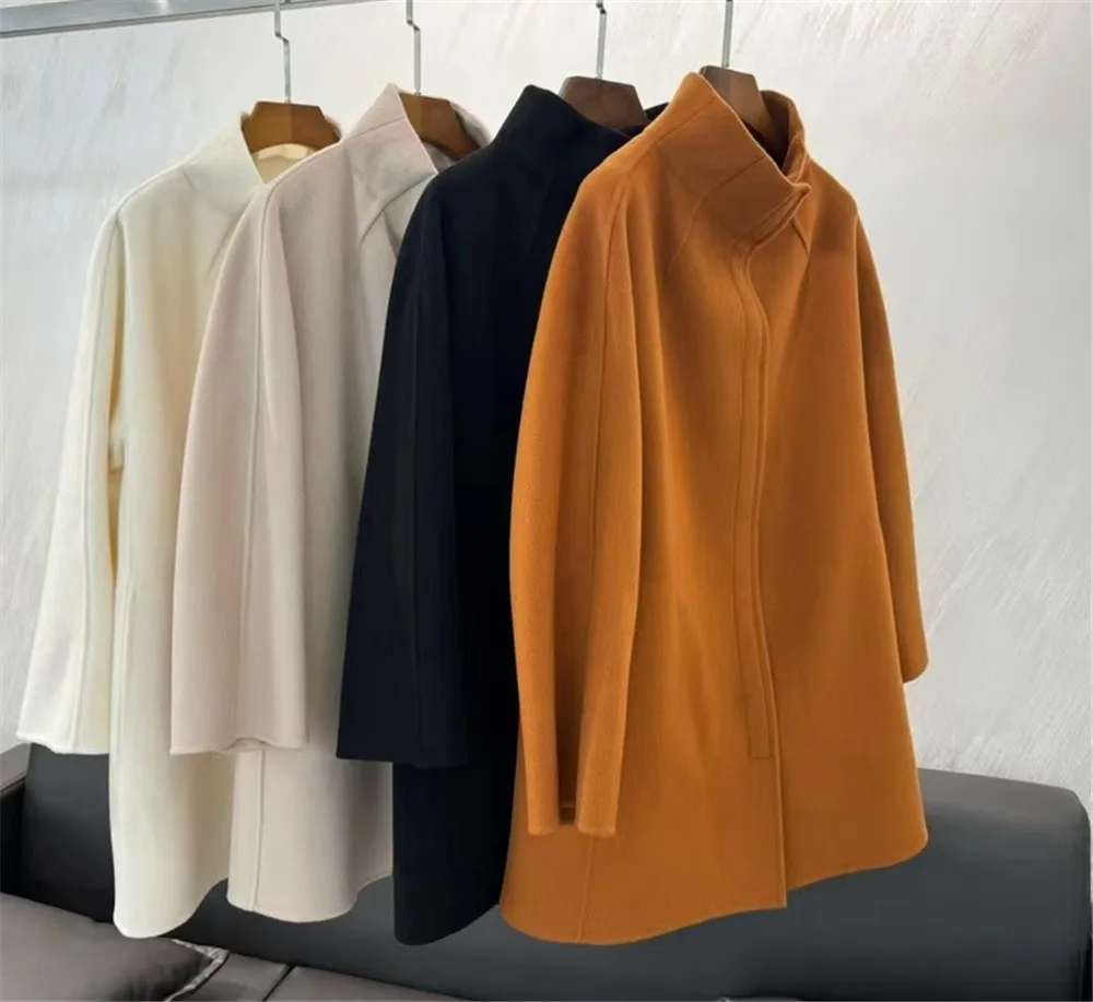 2024 Women's Double-faced Cashmere Wool Coat Stand-up Collar Mid-Length Jacket Temperament and Fashion Parka Coat