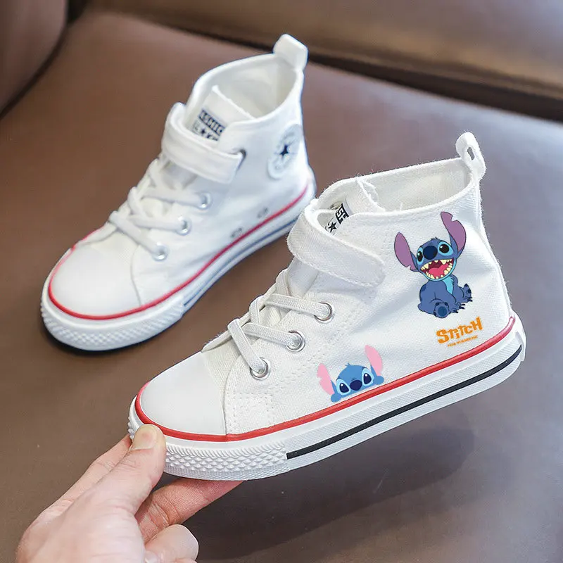 Stitch Girls Canvas Shoes High Help Students White Sneakers Anime Cartoon Stitch Children\'s Running Shoes Boy Casual Tennis Shoe