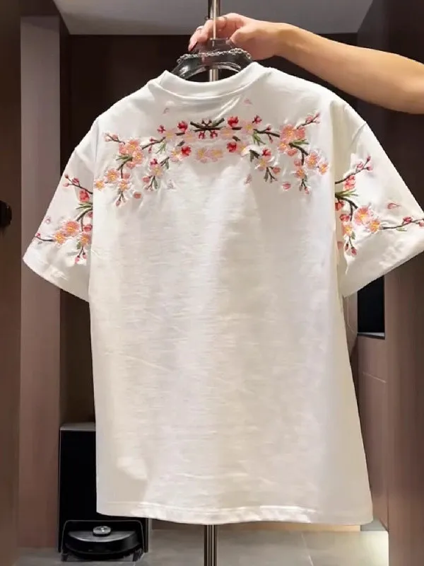 

plus Size Women's T-Shirt Embroidered Casual round Neck Short Sleeve Breathable Polyester Summer Fashion Floral Print Top