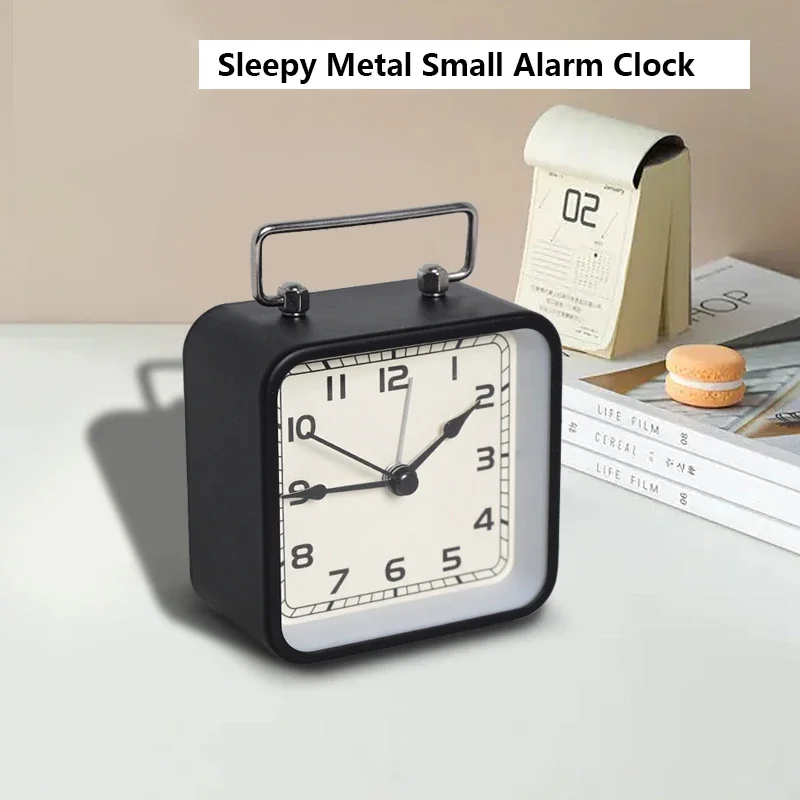 Metal square small alarm clock children's desktop silent clock student bedside snooze glow-in-the-dark quartz table clock