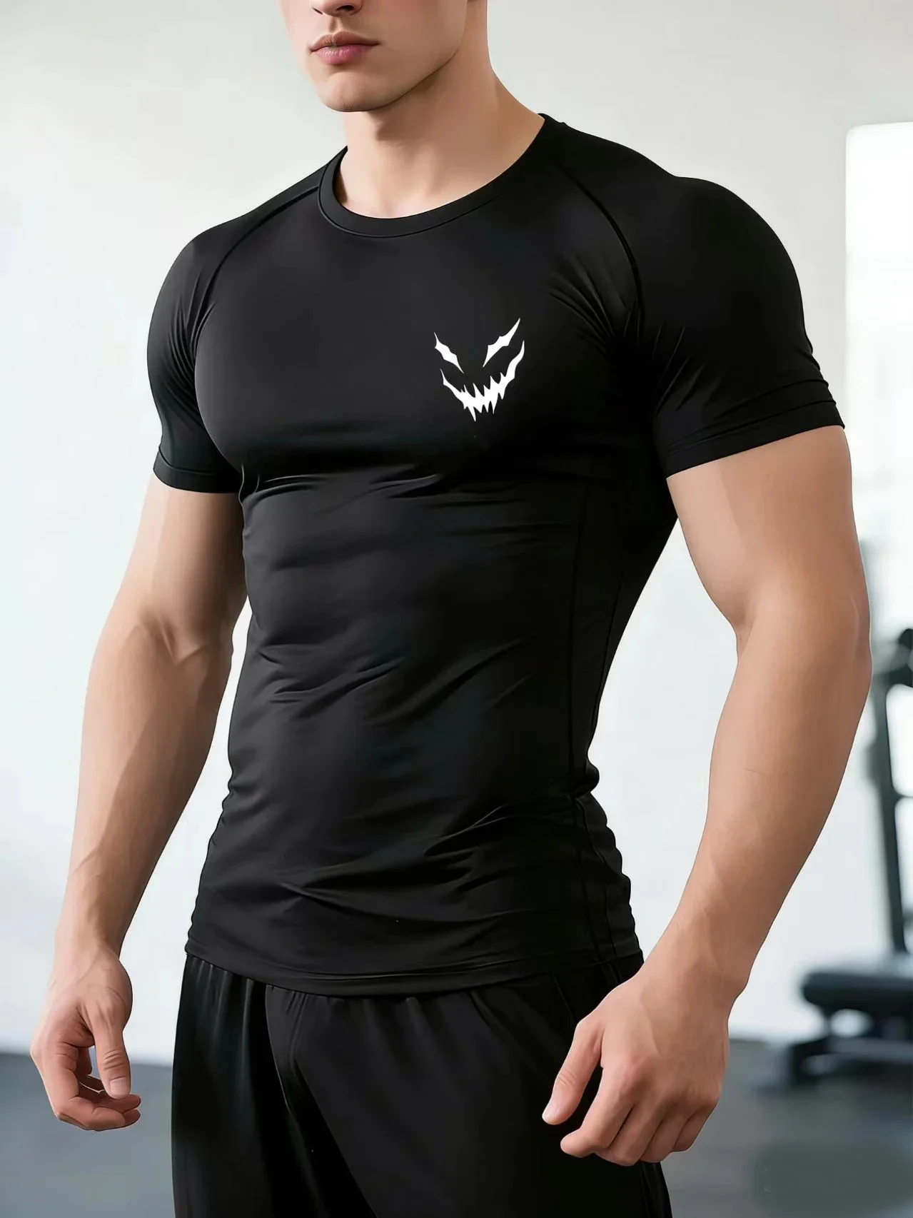 Men's Smiling Face Print Quick-drying Tight Long-sleeved T-shirt Fitness Training Stretch Top Short-sleeved T-shirts for fitness