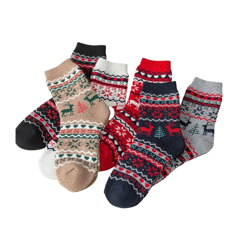 

Women Winter Warm Wool Socks with Cartoon Elk Motifs 6 Pairs Christmas Socks Stockings Stuffers for Cold Weather