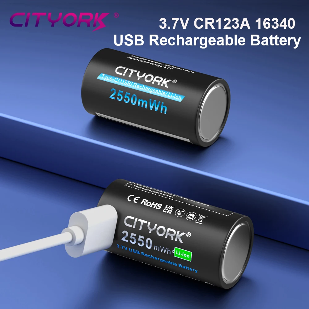 CITYORK 3.7V CR123A CR123 16mmX35mm Rechargeable Battery With USB Inport for RCR123 RCR123A LED Flashlight