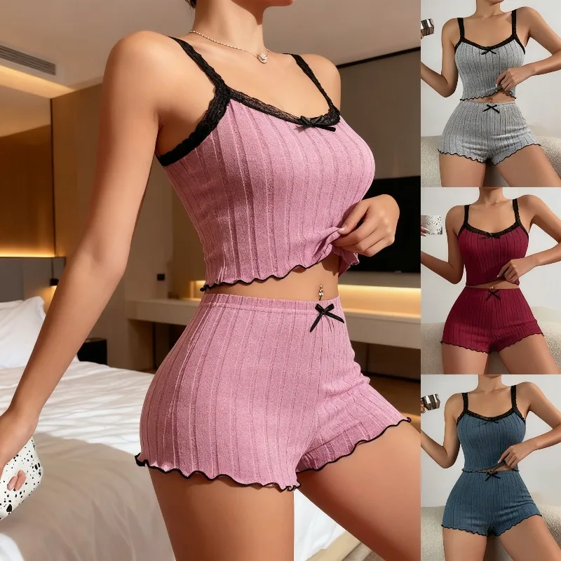 

Женский пижамный комплект: сексуальный топ на бретелях с бантом-бабочкой и шорты, удобный домашний костюм для сна на весну-лето