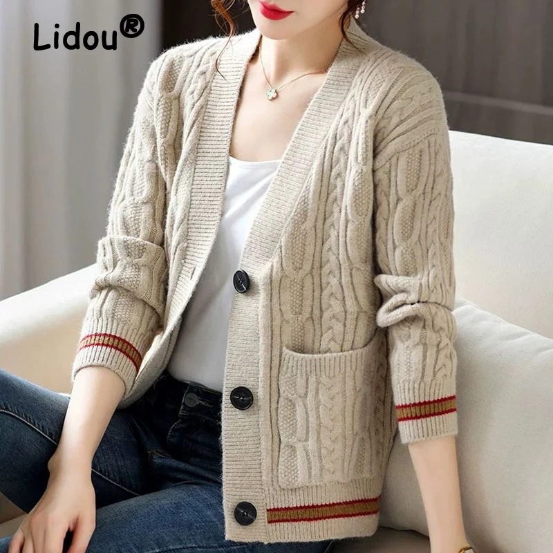 2023 Autumn Winter Women\'s Vintage Twists Single Breasted Outewear Knitted Cardigan Casual V Neck Long Sleeve Loose Sweater Coat