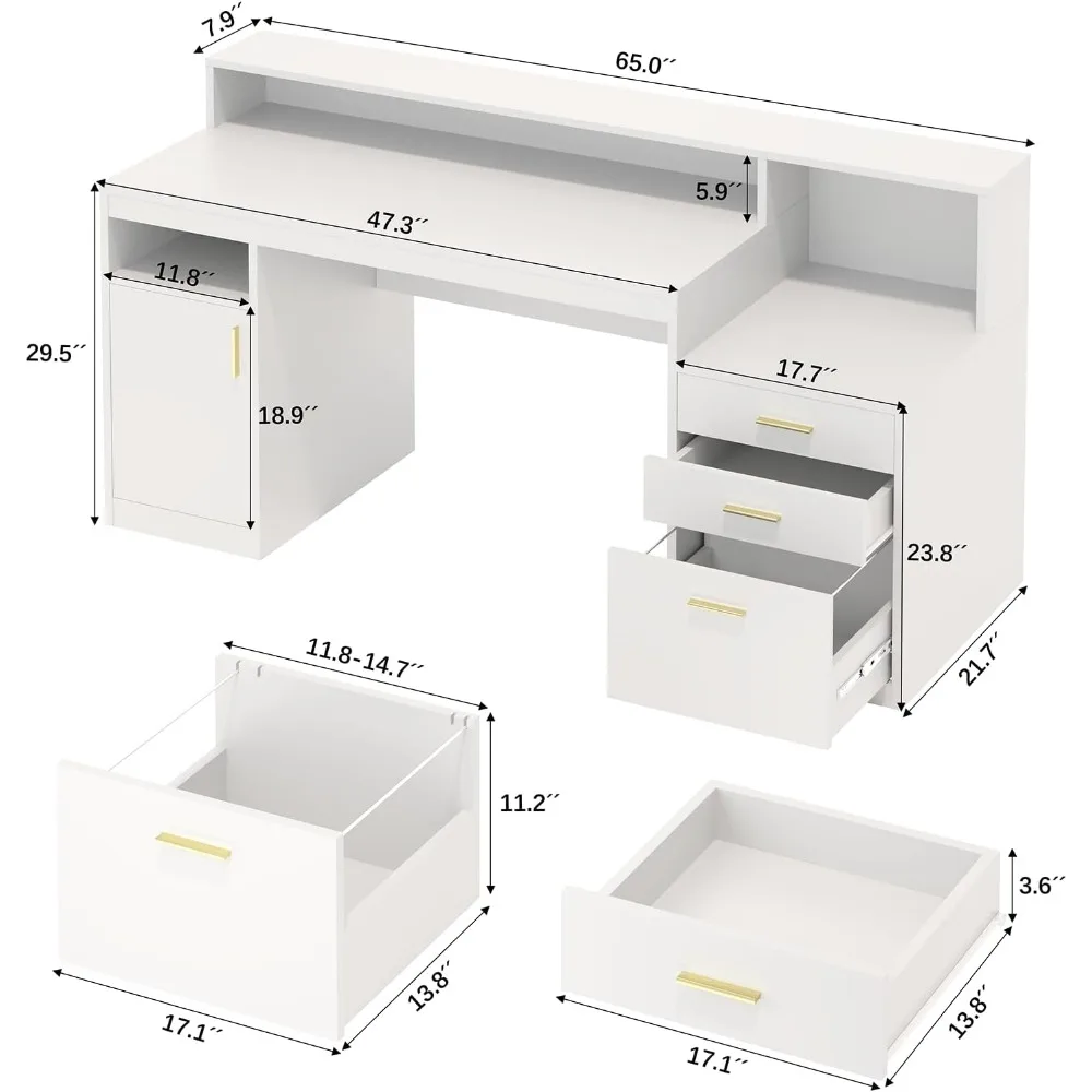 Mesa de computador com 3 gavetas e 1 armário de armazenamento, mesa de escritório de 65" com suporte para monitor e suporte para impressora, mesa para jogos com armazenamento