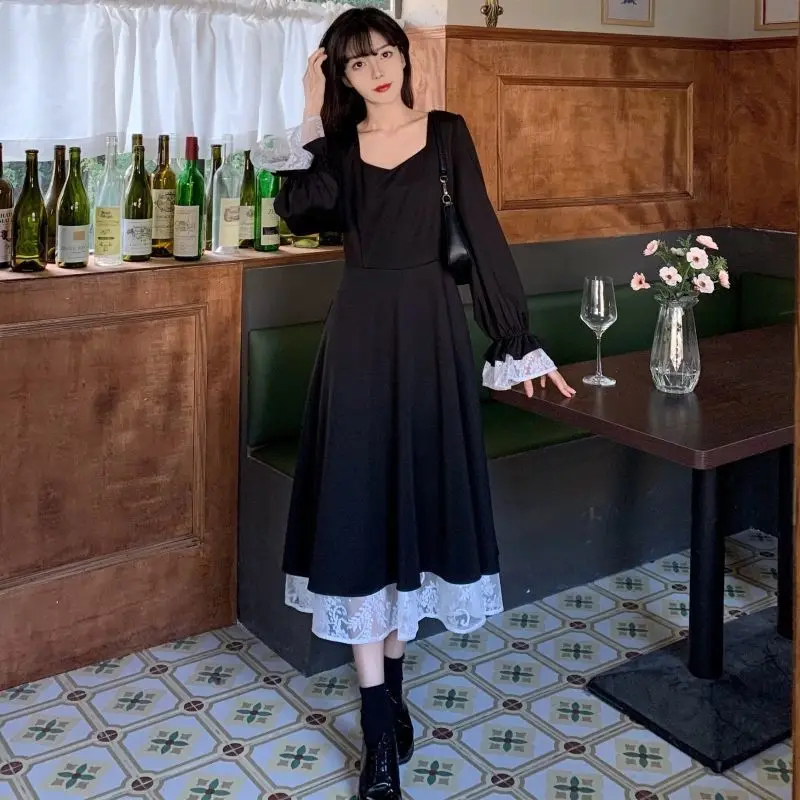 Long Sleeve Dress Women Elegant Ins Black All-match Fashion Spring M-4XL Square Collar Vintage Bandage Hepburn Patchwork Design