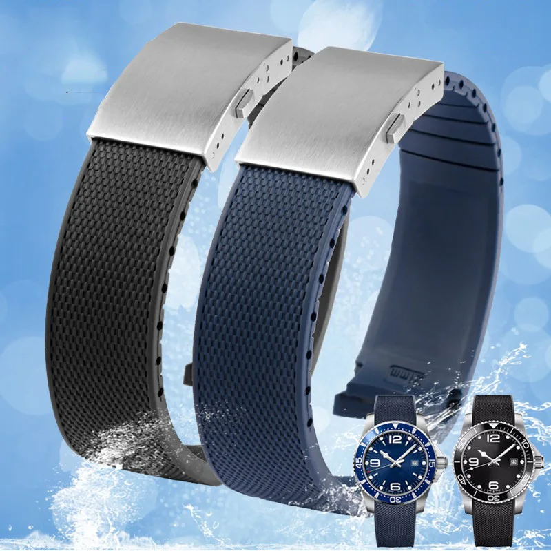 

Curved End Rubber silicone Watch band For Longines Comcast Conquest L3.742/644/781 782 642 Sports diving black blue watch strap