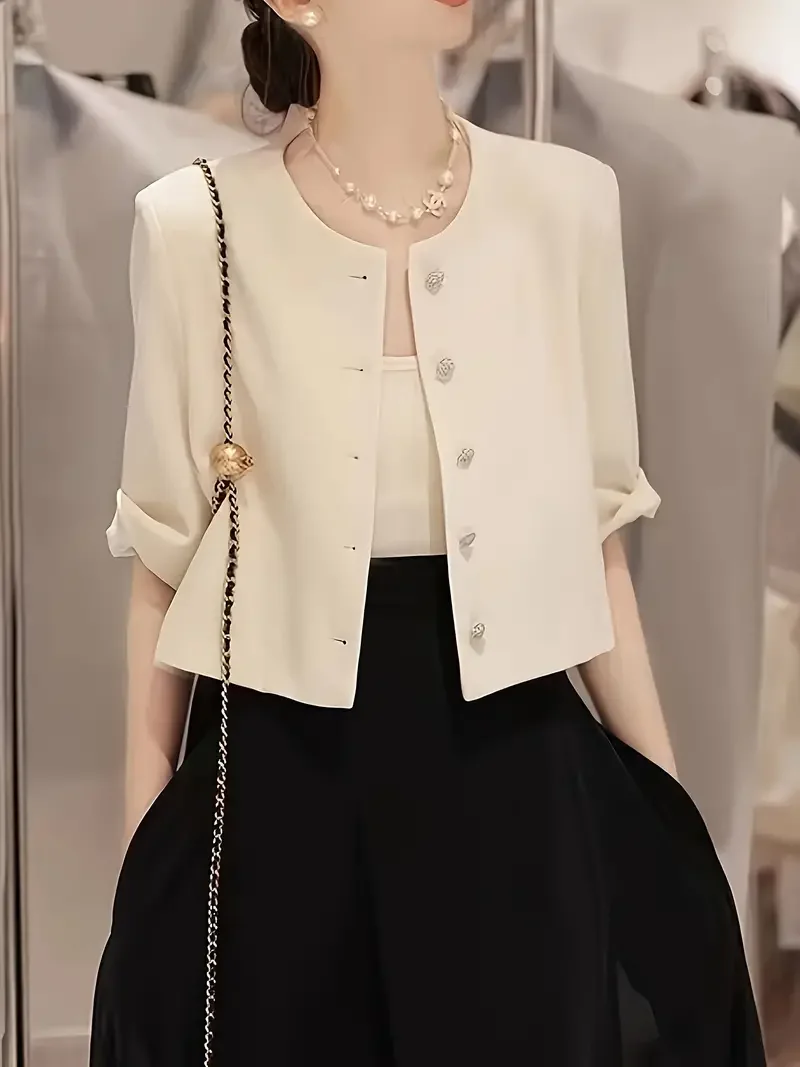 Vintage Small Suit Jacket Elegant Women\'s Crew-neck Single-breasted Suit Chic Chic Simple Temperament Short Coat New