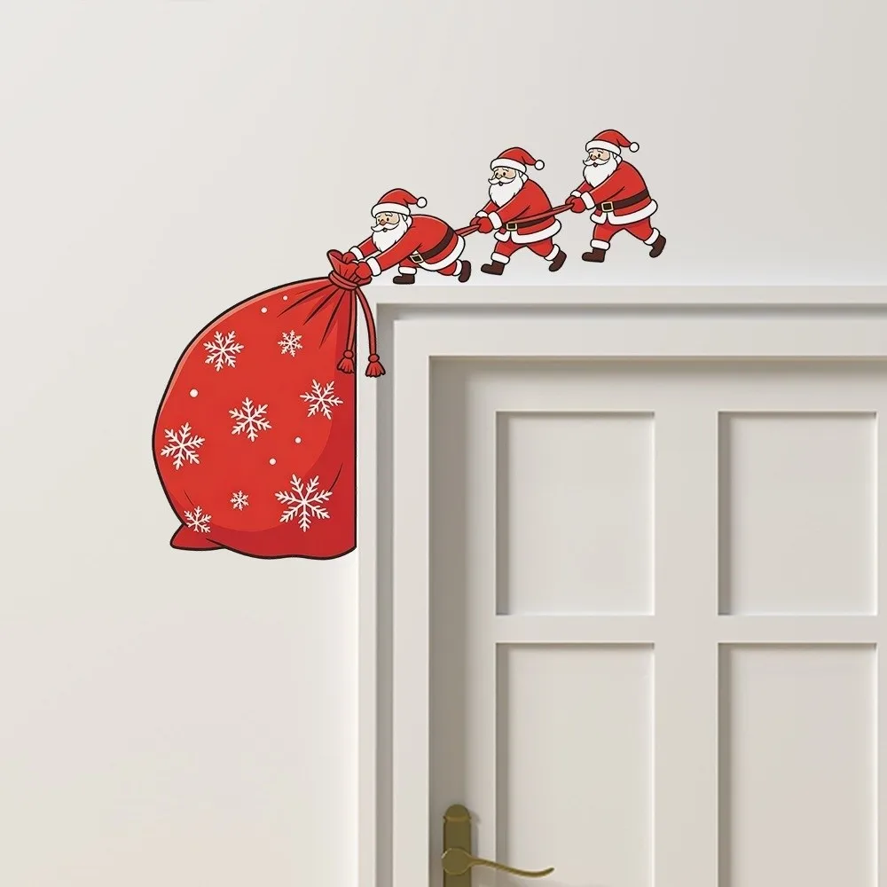 Funny Santa Claus Gift Bag Wall Decals Self-Adhesive PVC Christmas Pendants 2D Cartoon Pattern Door Frame Decor Christmas Party