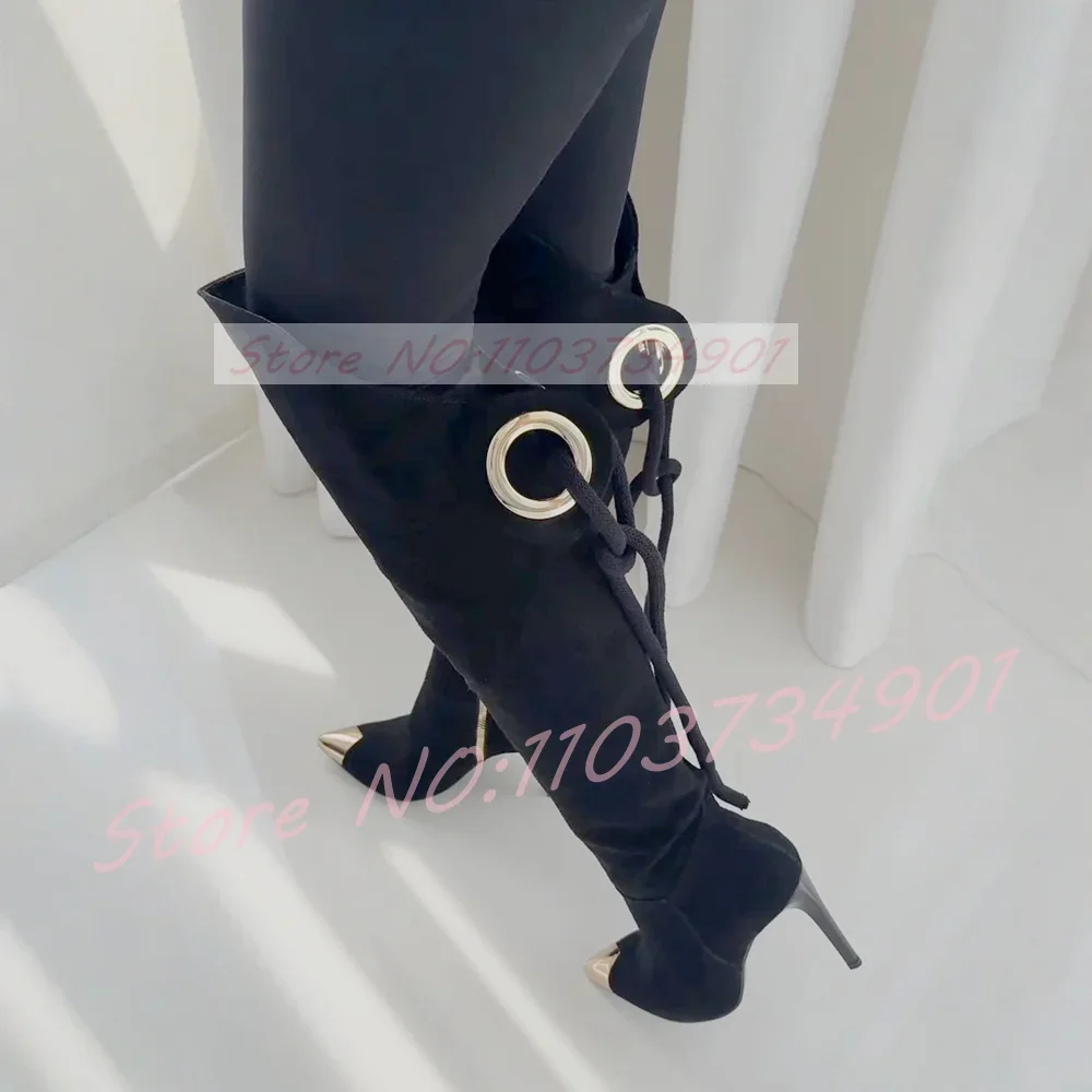Beige Splicing Gold Toe Knee-High Boots Women Chic Metal Ring Lace-Up Pointed Toe High Heels Female Luxury Winter Events Boots view 5