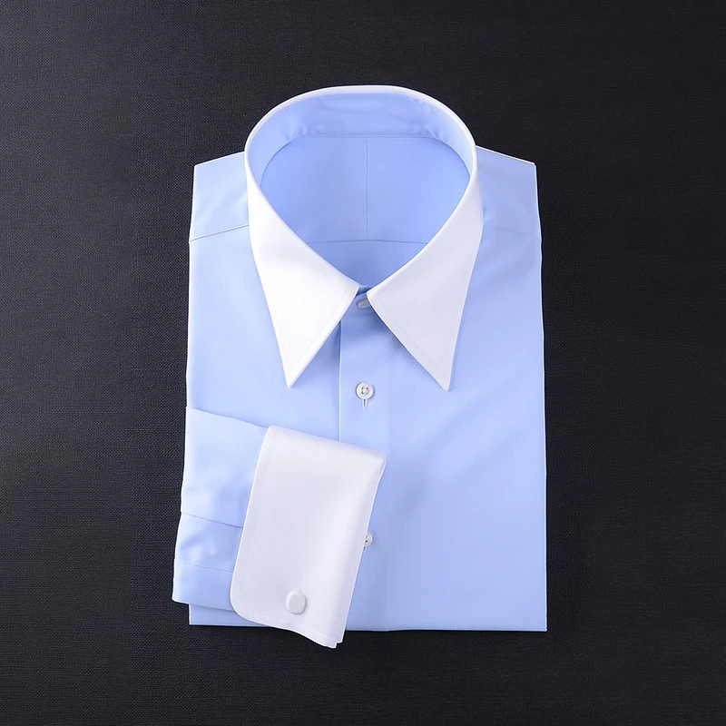 Classic long pointed collar men\'s long sleeved shirt 100% cotton heterochromatic collar business work French cuffs shirt men