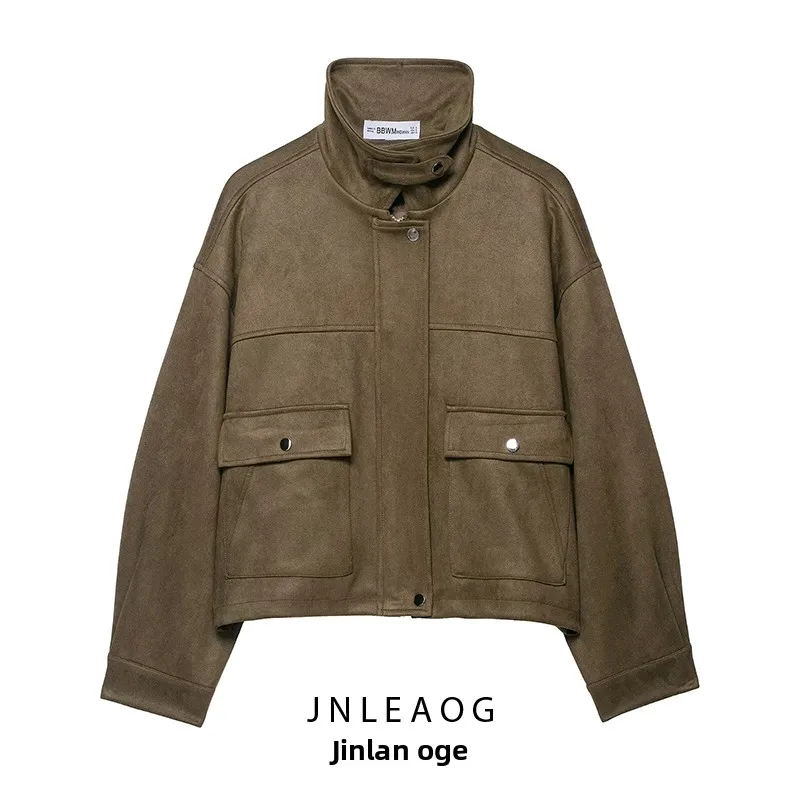 

JNLEAOG Autumn New Faionable Suede Pilot Jaet Women's Outerwear Design Sense Versatile Polyester ort Coat Zipper Closure