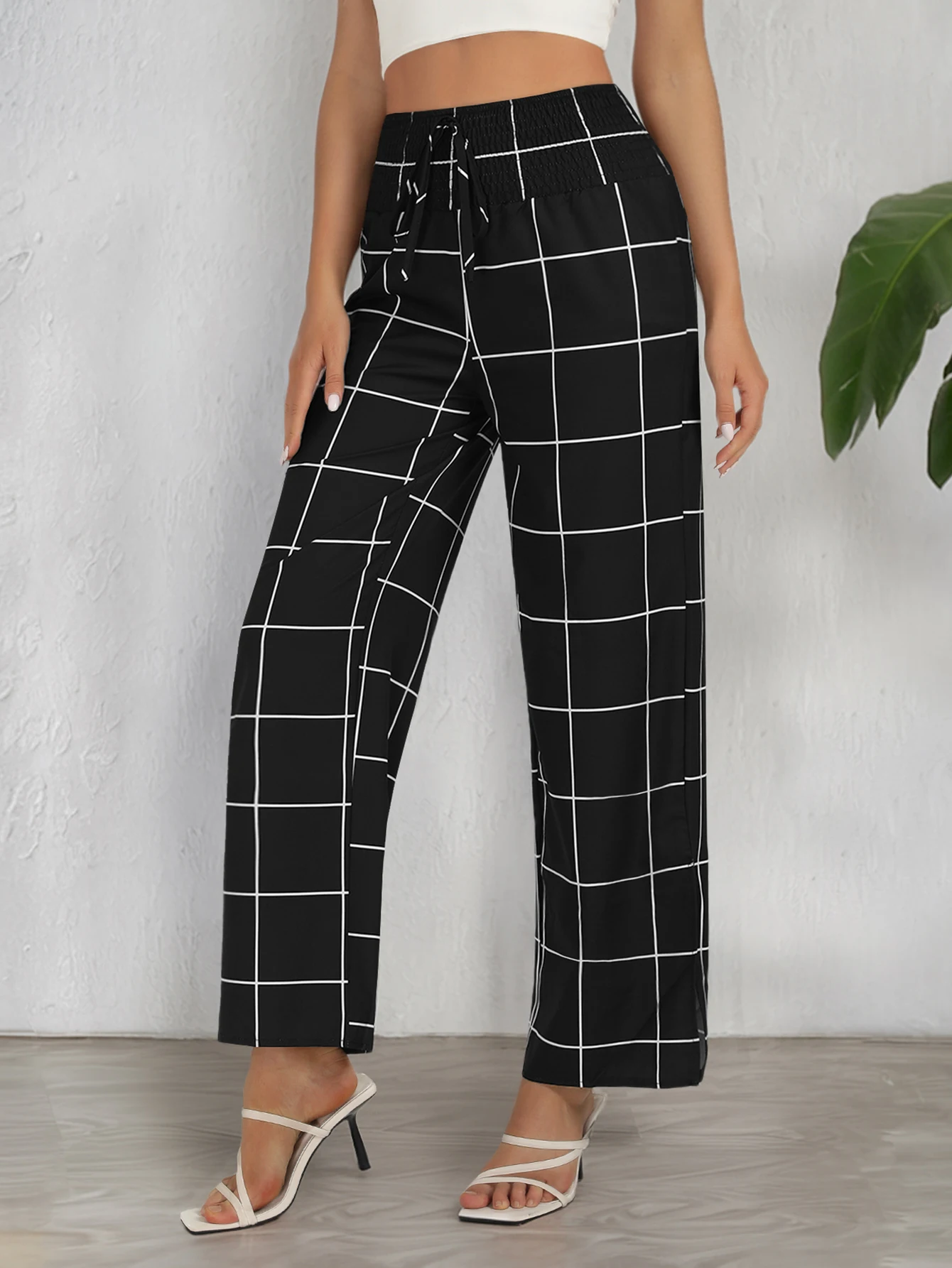 Women's Autumn and Winter Grid Print Pleated Knot Front Pants