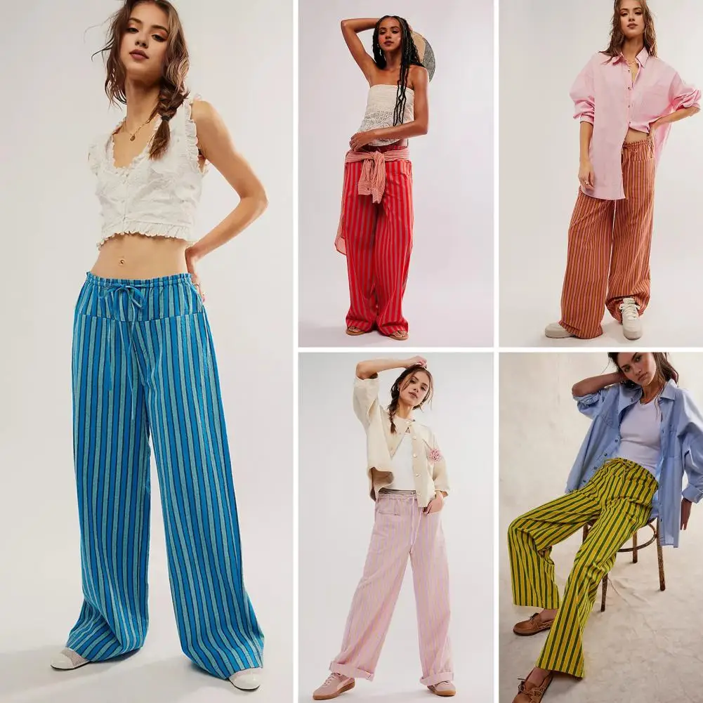 

Striped Print Pants Vertical Striped Wide Leg Pants with Drawstring Pockets for Women Streetwear Trousers with Mid-rise Straight