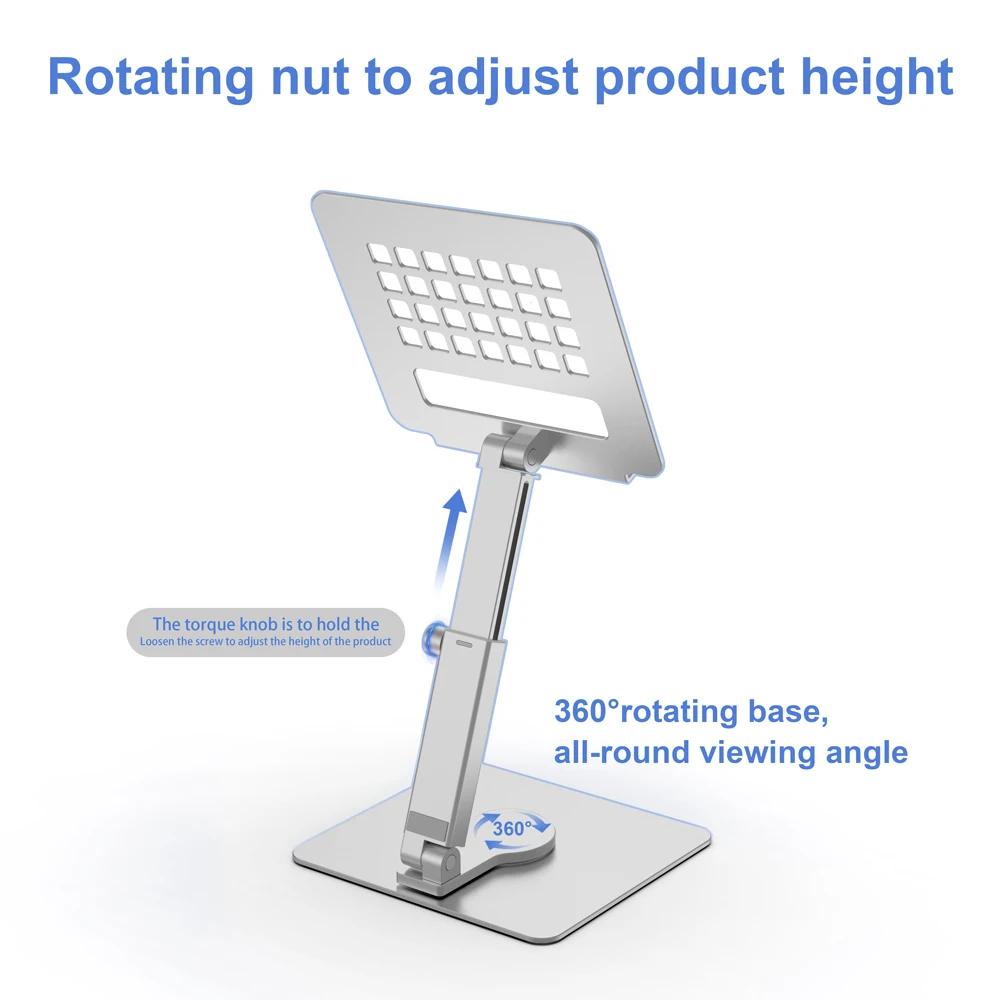 Aluminum Alloy Tablet Stand Desk Riser 360° Rotation Hands Multi-Angle Height Adjustable Foldable Holder Dock Mount for IPad Tab