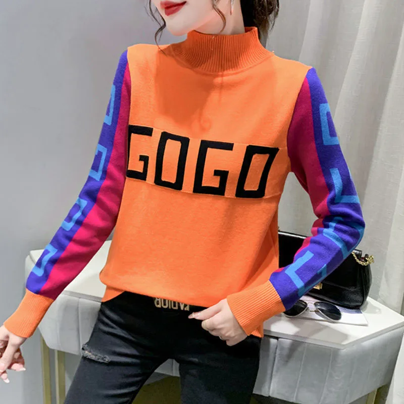 Camisola de manga comprida feminina, meia gola alta, moda contrastante, tendência versátil, estilo casual, outono e inverno, novo, 2023