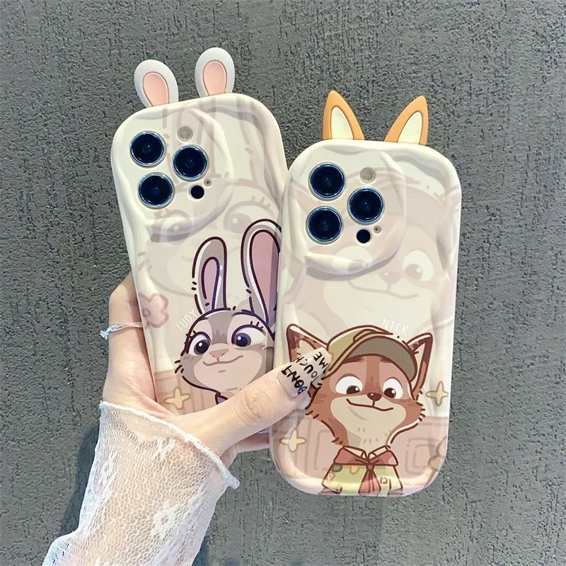 For iPhone 16 15 Pro Max 14 Plus 13 12 11 X XS Max XR 7 8 SE Couple Judy Rabbit Ear Cartoon Wave TPU Soft Phone Case Cover