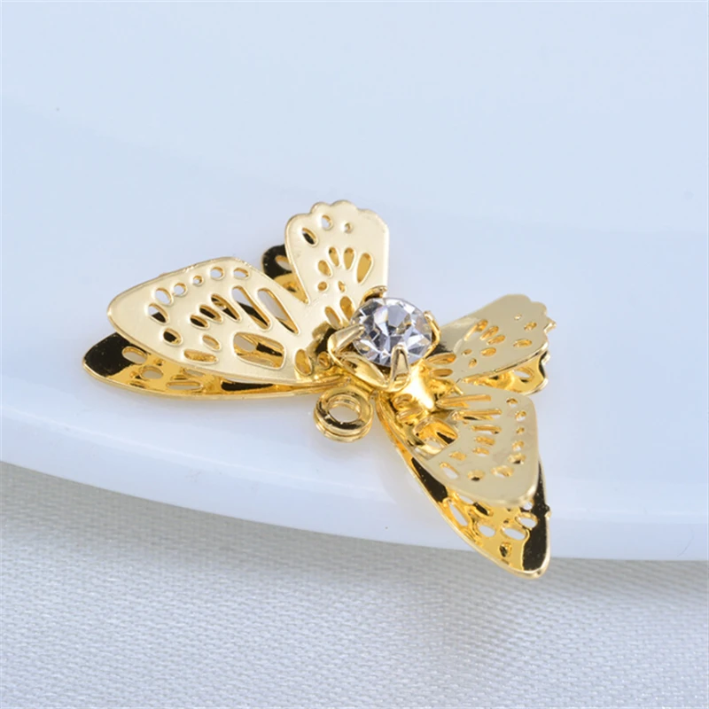 2Pieces New 18K Gold Color Plated Brass CZ Crystal Butterfly Beads Charms For DIY Necklace Pendant Jewelry Making Accessories