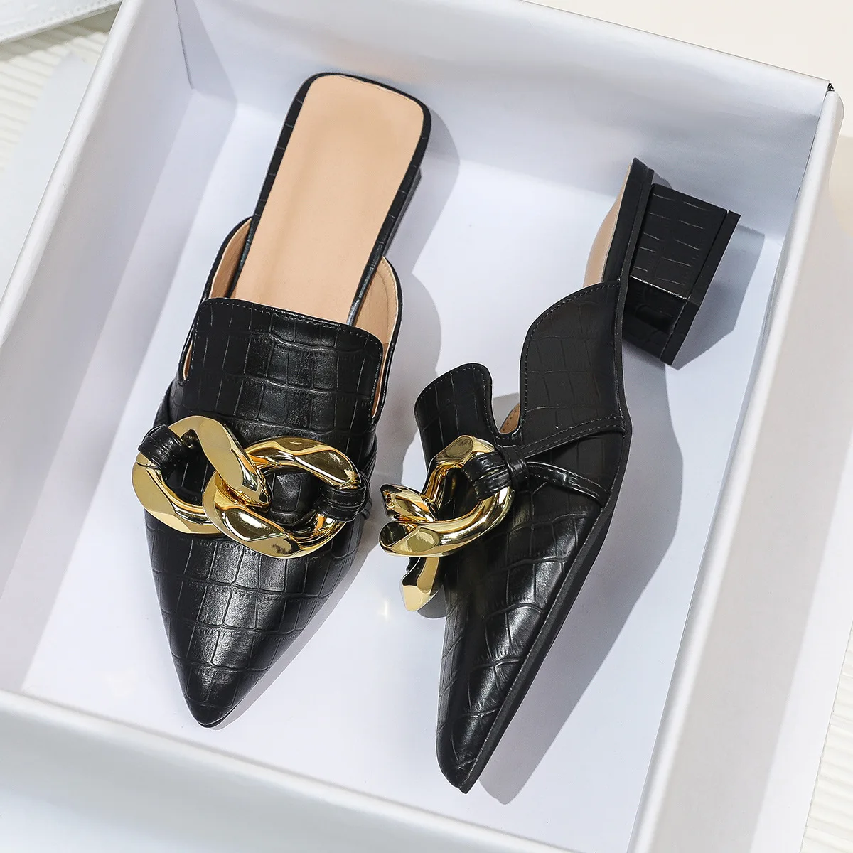 Luxury Chain Golden Mules Shoes For Women Heels 2024 New Summer Pointed Toe Square Heel Slippers Women Sandals Plus Size 8 9 10