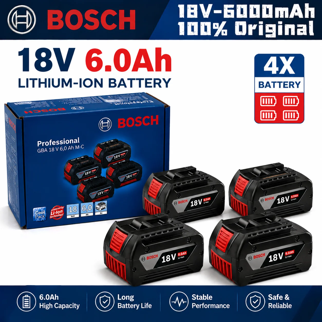 100% Original BOSCH 18V 6.0Ah Battery 6000mAh Li-ion Rechargeable Replacement BAT609 BAT618 GBA18V80 Power Tools