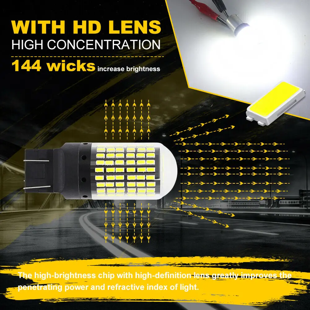 2X 7440 Canbus Super Bright Error Free LED Bulb T20 W21W 144 SMD White for Reverse Tail Turn Signal