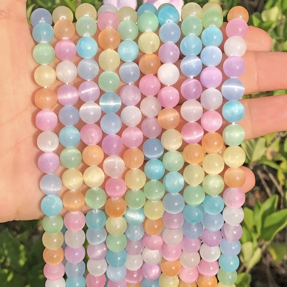 Natural Cat Eye Macaron Gradient Color Selenite Stone Round Loose Spacer Beads for Jewelry Making Diy Bracelet Accessories 15''