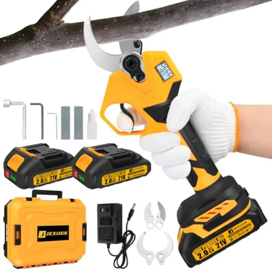Tijeras de Podar Eléctricas Inalámbricas de 1.6 con Motor sin Escobillas, Herramienta de Jardinería con 2 Baterías de 2.0Ah, Pantalla LCD, Cuchillas de Acero SK5, Piedra de Afilar, Color Negro