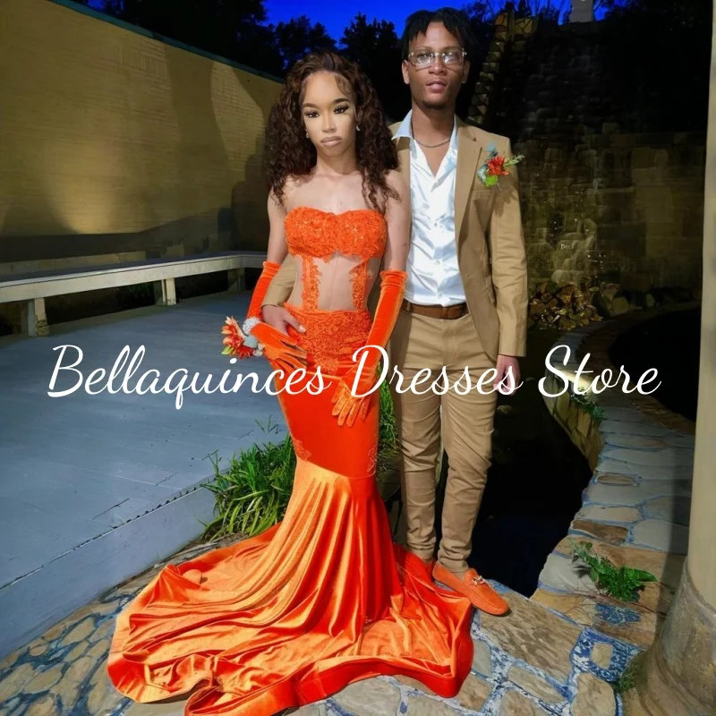 Sexy Illusion Orange Velvet Prom Dresses With Gloves For Black Girls Mermaid Women Sequin Long Party Gowns Customized 2025