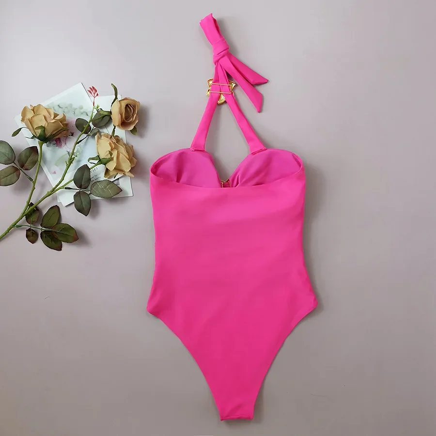 2025 Rose Red One Piece Swimsuit Women's Metal Floral High Waist Hollow Out Monokini Bikini Sexy Halter Backless Beach Swimwear
