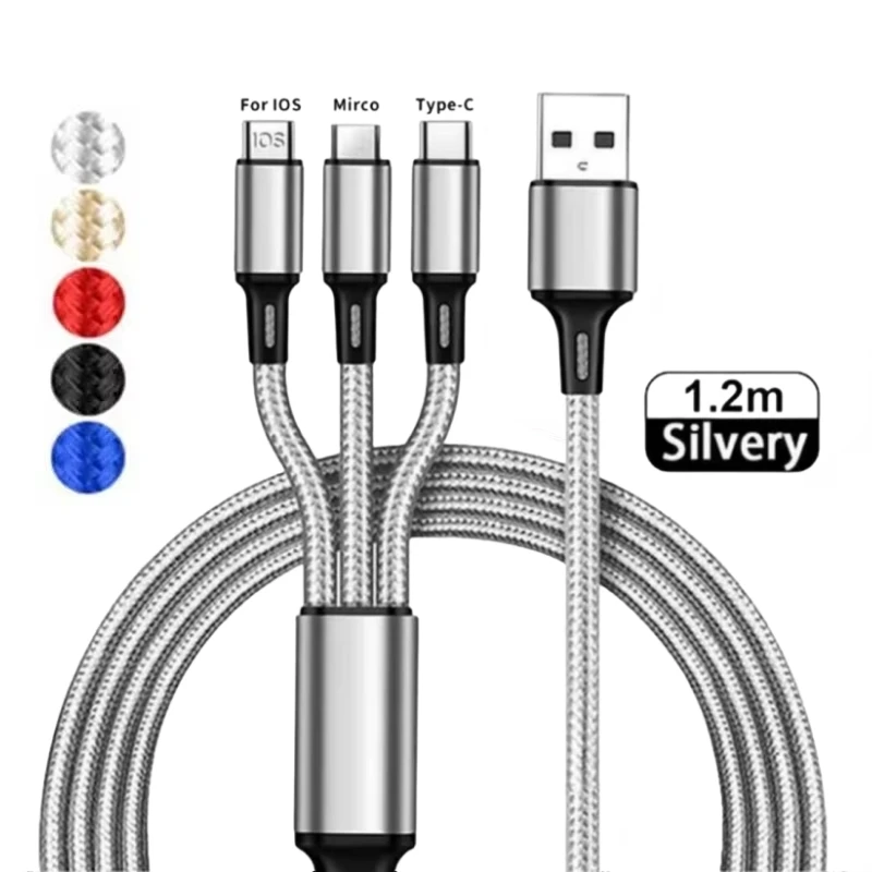 3 In 1 USB Fast Charging Cable Type C Micro IOS Multi Charger Cable for iPhone Huawei Samsung Nylon Braided Cord