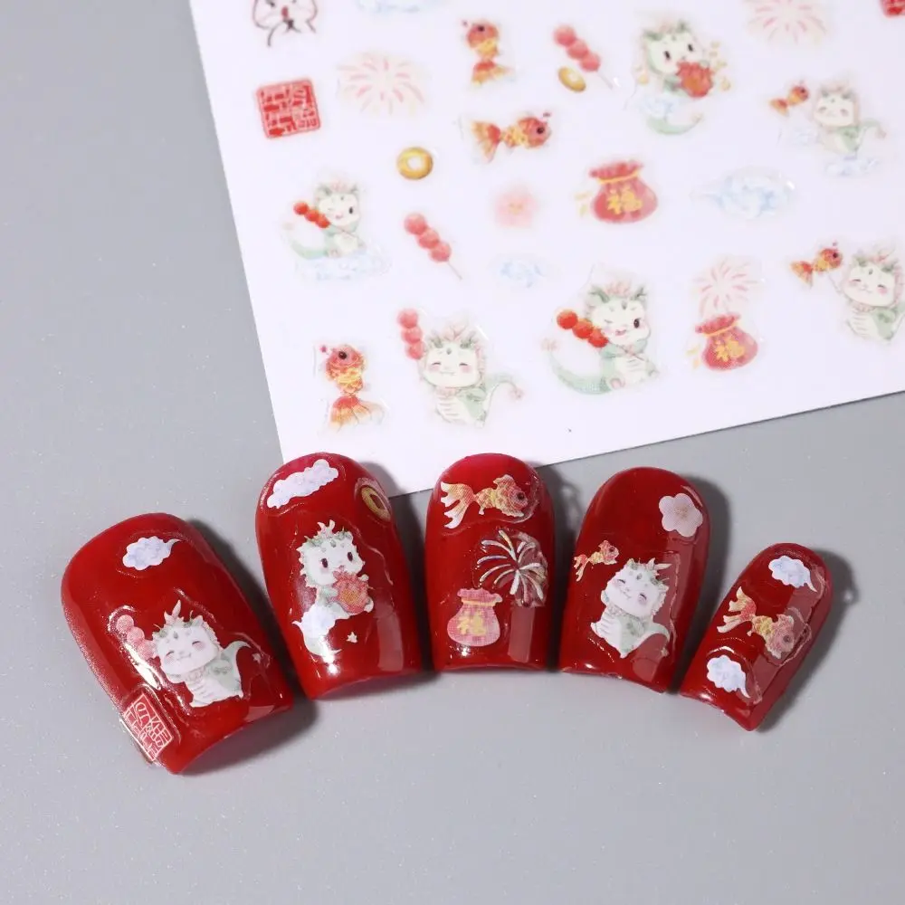 Portable Cute Dragon Nail Stickers Gold Silver Nail Art Stickers Fireworks Dark Dragon New Year Nail Decals Spring Festival