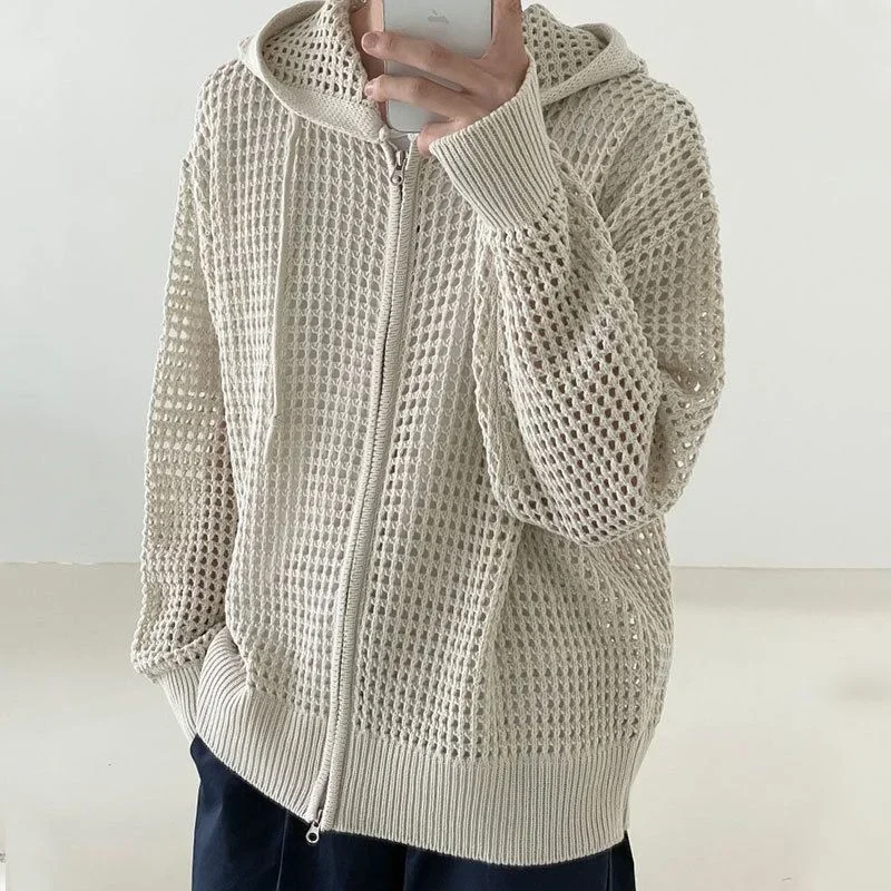 

Hollow out knitwear jacket men's cardigan hooded long sleeved sun protection jacket Korean version trend design feel sweater