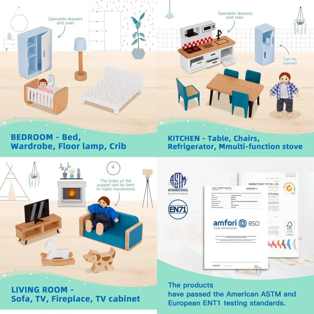 

Деревянный набор мебели для кукольного домика для детей, аксессуары из 26 предметов с 4 семейными куклами и собаками, миниатюрный игровой набор для детей от 3 лет